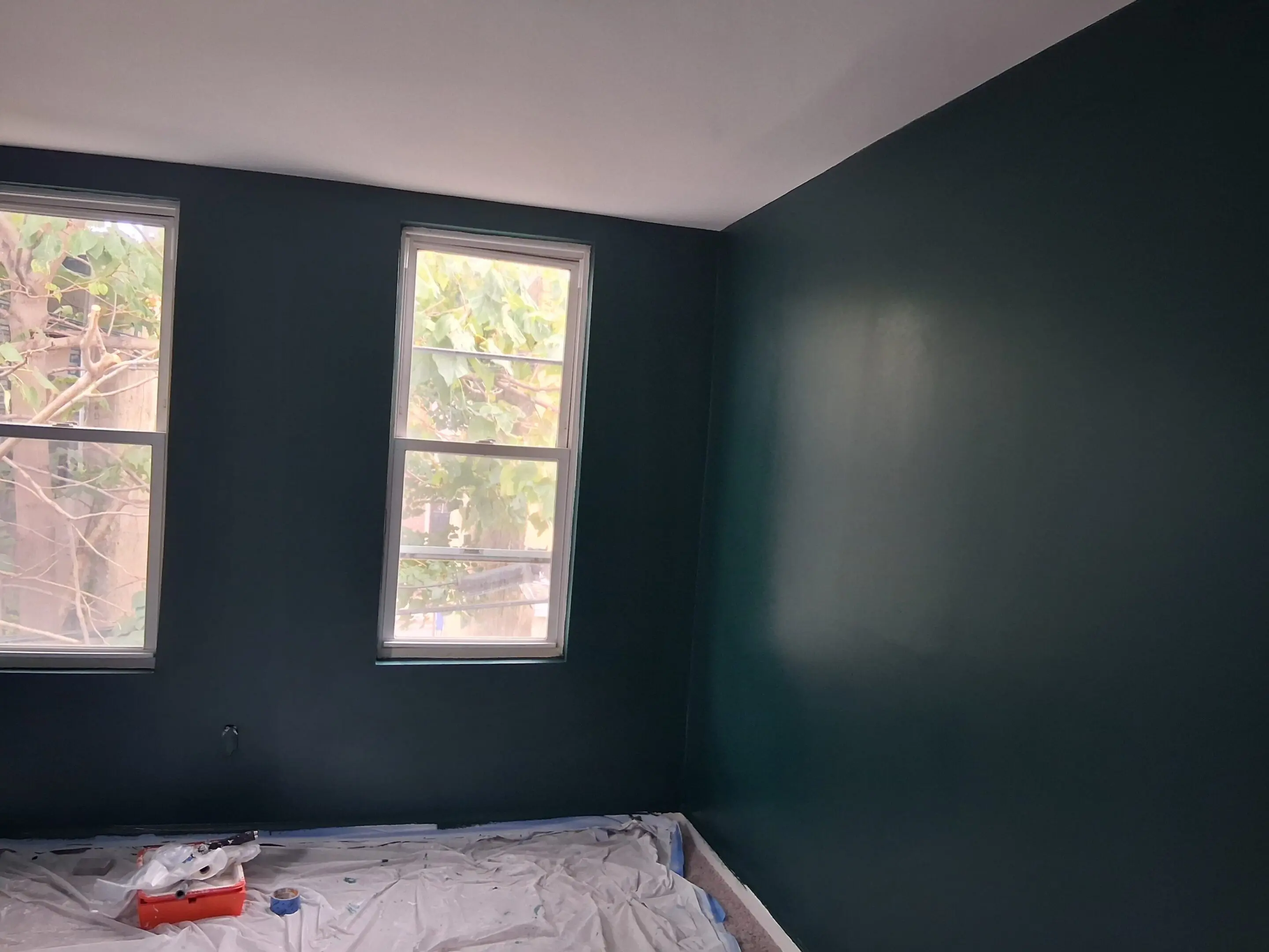 Freshly painted dark green walls in a room with natural light from a window.