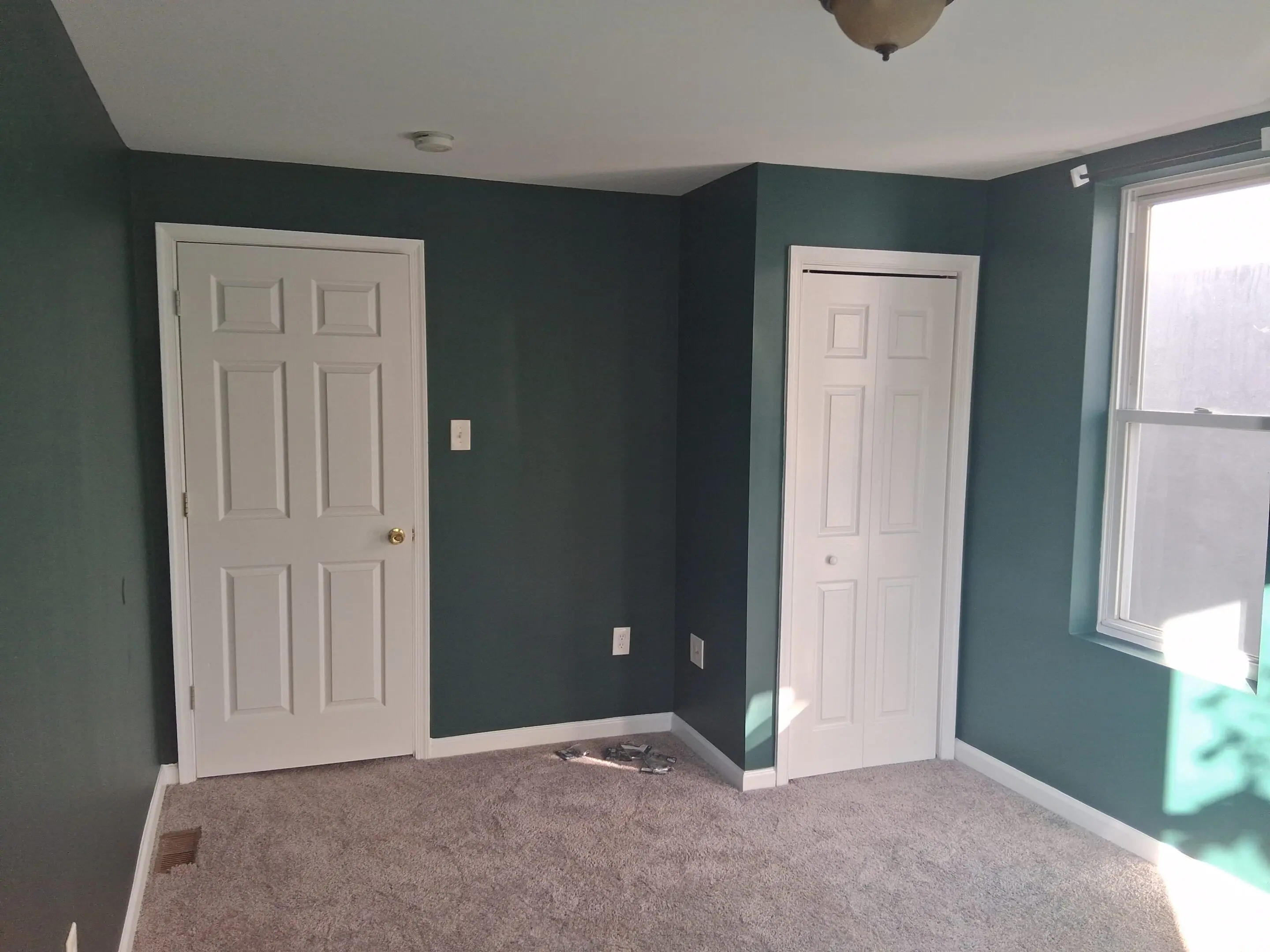 Empty room with two white doors and dark green walls.