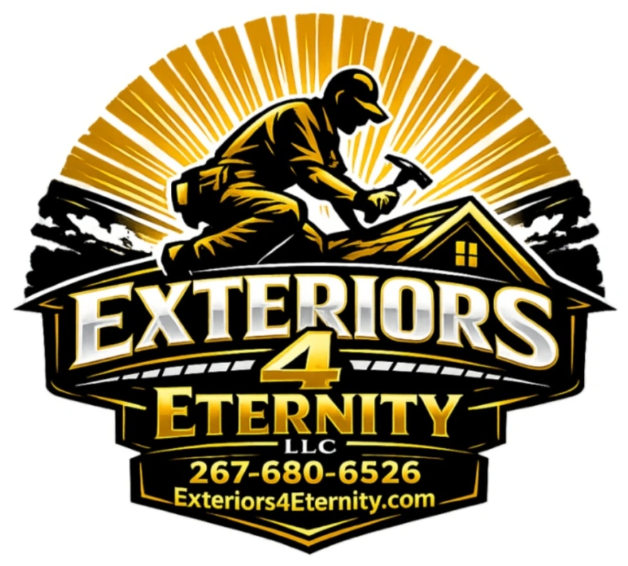 Logo of Exteriors by Eternity featuring a worker with a hammer against a sunburst background.